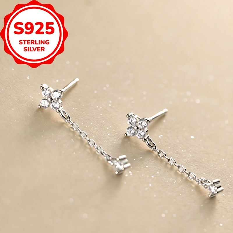 Women's S925 Silver Four-Leaf Clover Tassel Stud Earrings